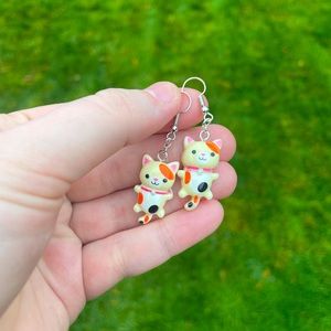 Acrylic Cream Calico Cat Earrings with Silver Accents